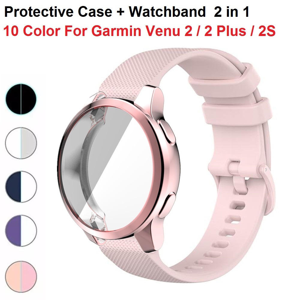2in1 เคส + สายคล้อง สําหรับ Garmin Venu 3 3S 2S 2 Plus 3 เคสป้องกัน สายนาฬิกาซิลิโคน สําหรับ Vivoactive 4 4S สร้อยข้อมือ กันชนรวมกัน