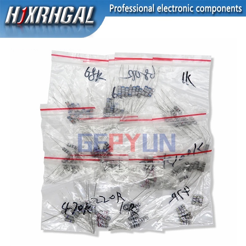 ชุดตัวต้านทาน 1W 5% 20 ค่า 10 โอห์ม-1M โอห์ม 22R 47R 100R 220R 470R 1K 4.7K 100K โอห์ม 200 ชิ้น ต่อช