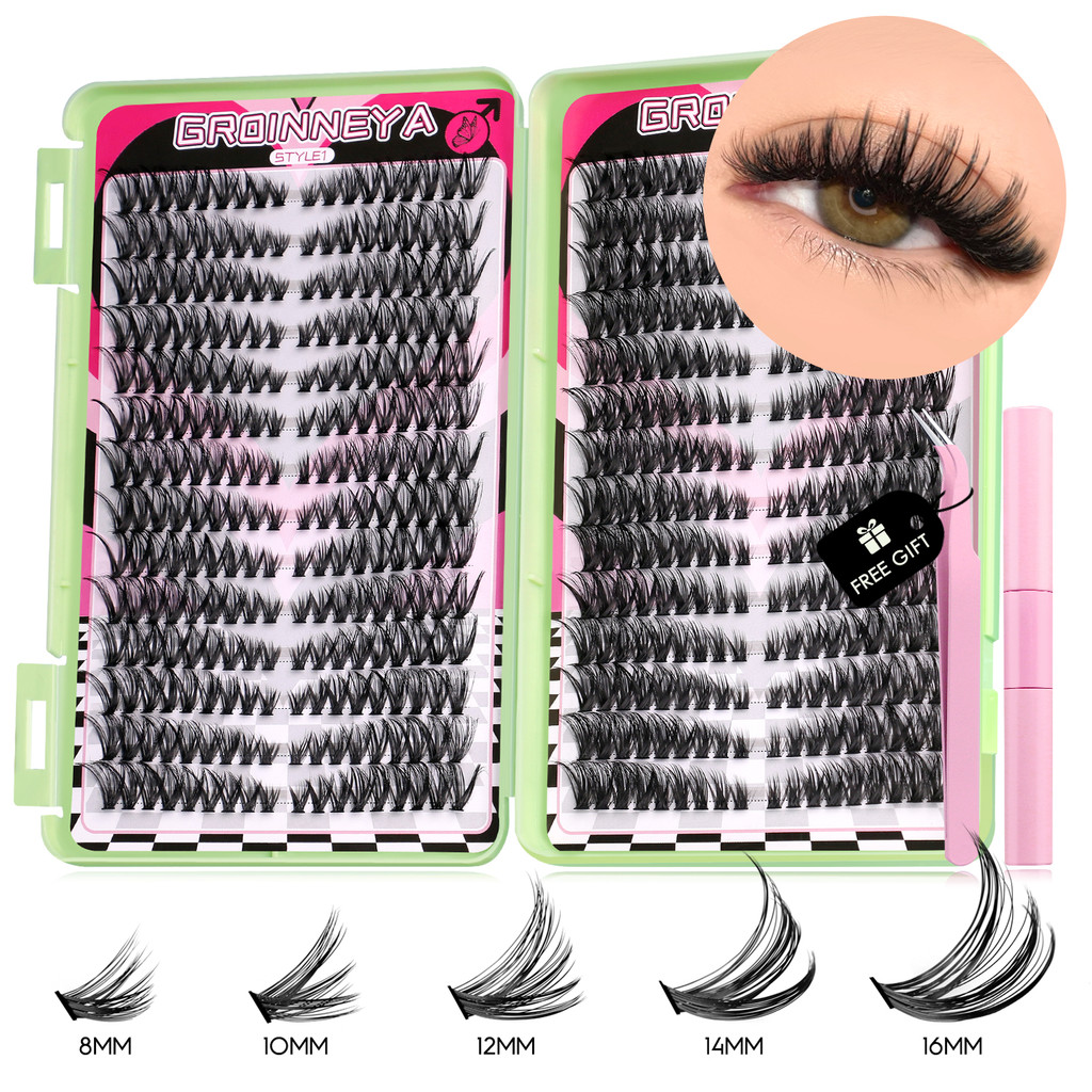 Groinneya Eyelash Clusters Kit ความจุขนาดใหญ่ Wispy แต่ละขนตาธรรมชาติ DIY Cluster Eyelash Extensions สําหรับผู้เริ่มต้น