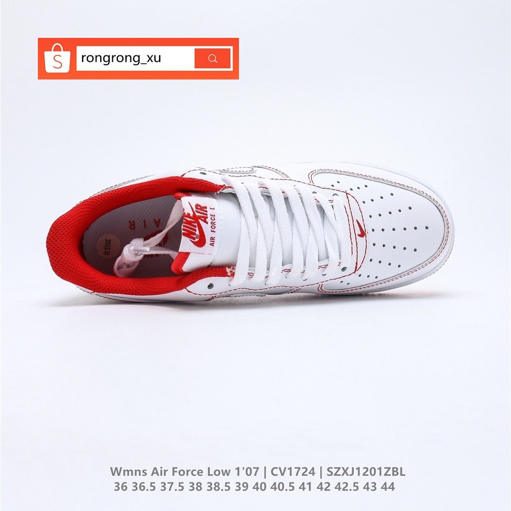 Nike Air Force 1Low '07 LV8 ผ้าใบลำลองสีขาวสีแดงของแท้ 100% สำหรับผู้หญิงและผู้ชาย รองเท้า true