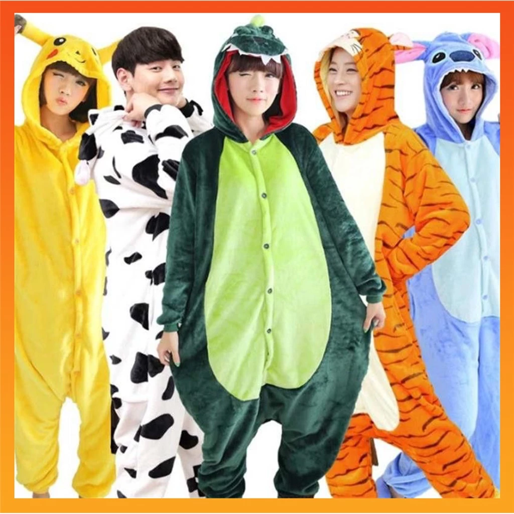 Kigurumi ไดโนเสาร์ ปิกาจู Stitch เสือ การ์ตูน ชุดนอนสักหลาด ผู้หญิง ผู้ชาย ชุดนอน Onesies จั๊มสูท สัตว์ คอสเพลย์ เครื่องแต่งกาย