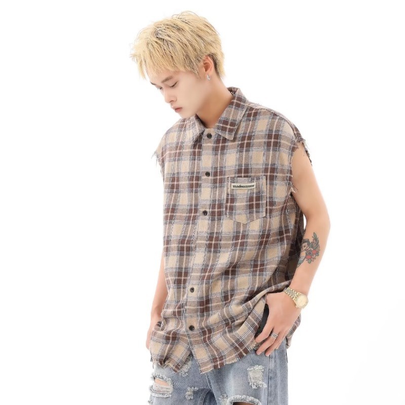 เสื้อเชิ้ตแขนกุด ลายสก๊อต สไตล์เกาหลี สําหรับผู้ชาย