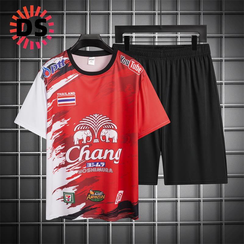 【duisui2】 สินค้าพร้อมส่ง เสื้อ+กางเกง ชุดเซ็ทกีฬา ทผู้ชาย ชุดเชตผู้ชาย ชุดกีฬา พร้อมกางเกงสีดำพิมพ์ลาย + ธง Logoช้าง