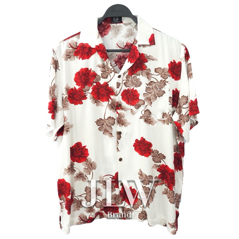 เสื้อฮาวาย ลายขาวดอกแดง ผ้านิ่มใส่สบาย