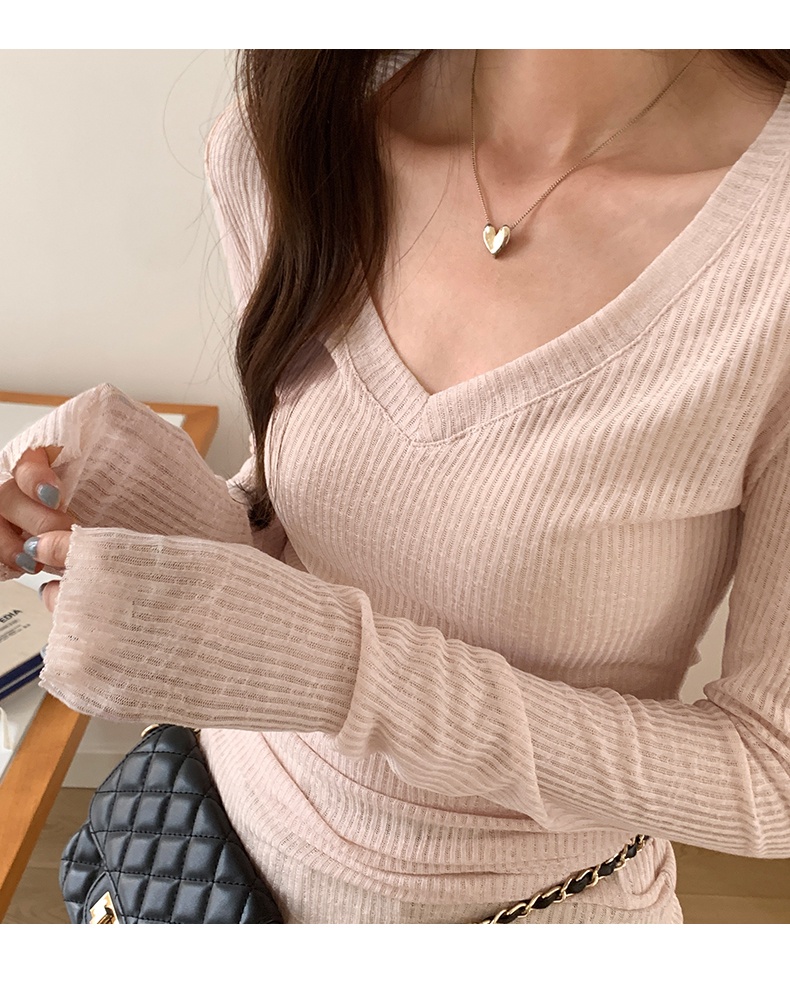 67569 เสื้อยืด คอวี แขนยาว ผ้าถัก แบบบาง สําหรับผู้หญิง