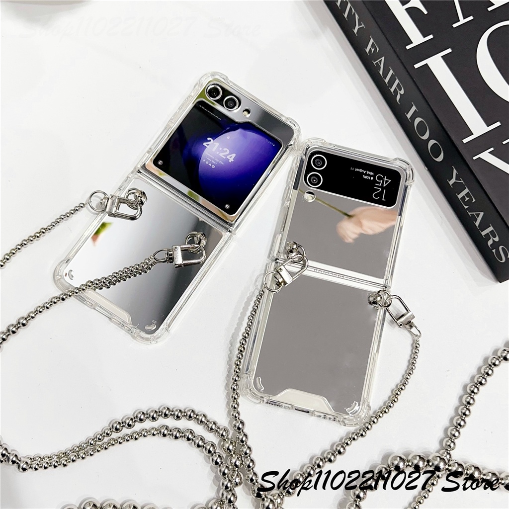 Crossbody Lanyard สร้อยคอไม่สม่ําเสมอเงินลูกปัดกระจกสําหรับ Z Flip 5 6 Flip6 Zflip5 Z Flip4 Zflip5 Zflip4 Z Flip 3 แบบพกพา