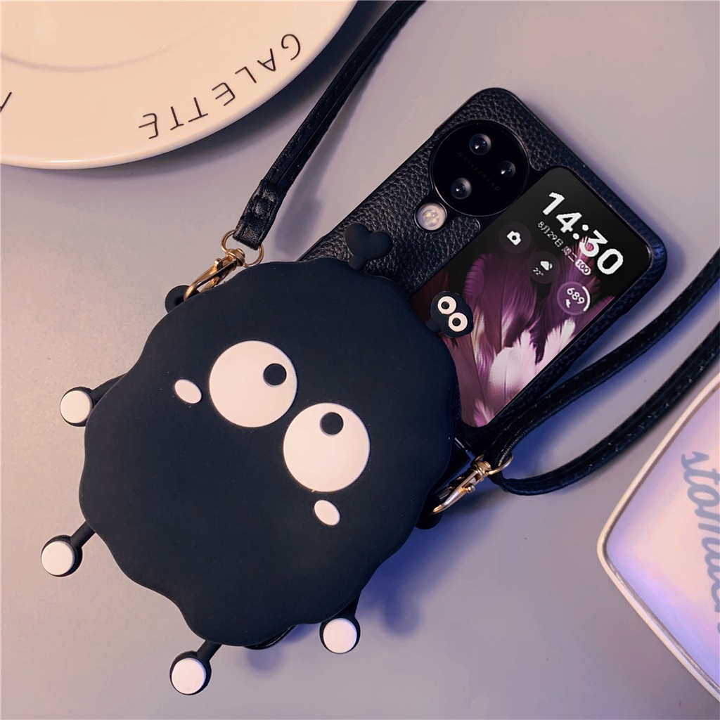 เคสโทรศัพท์เกาหลีหรูหรา Corssbody สายหนังลูกบอลถ่านหินกระเป๋าใส่เหรียญสีดําสําหรับ OPPO Find N2 Flip findn2 Flip Find N3 Flip Cover