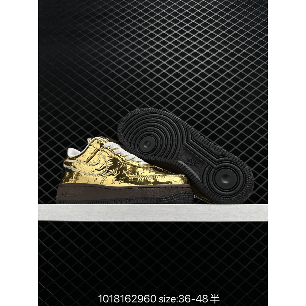 Louis Vuitton x Nike Air Force 1 '07 ผ้าใบลำลองต่ำบาสเก็ตบอลสำหรับผู้ชายผู้หญิง "ทอง" รองเท้า Hot s