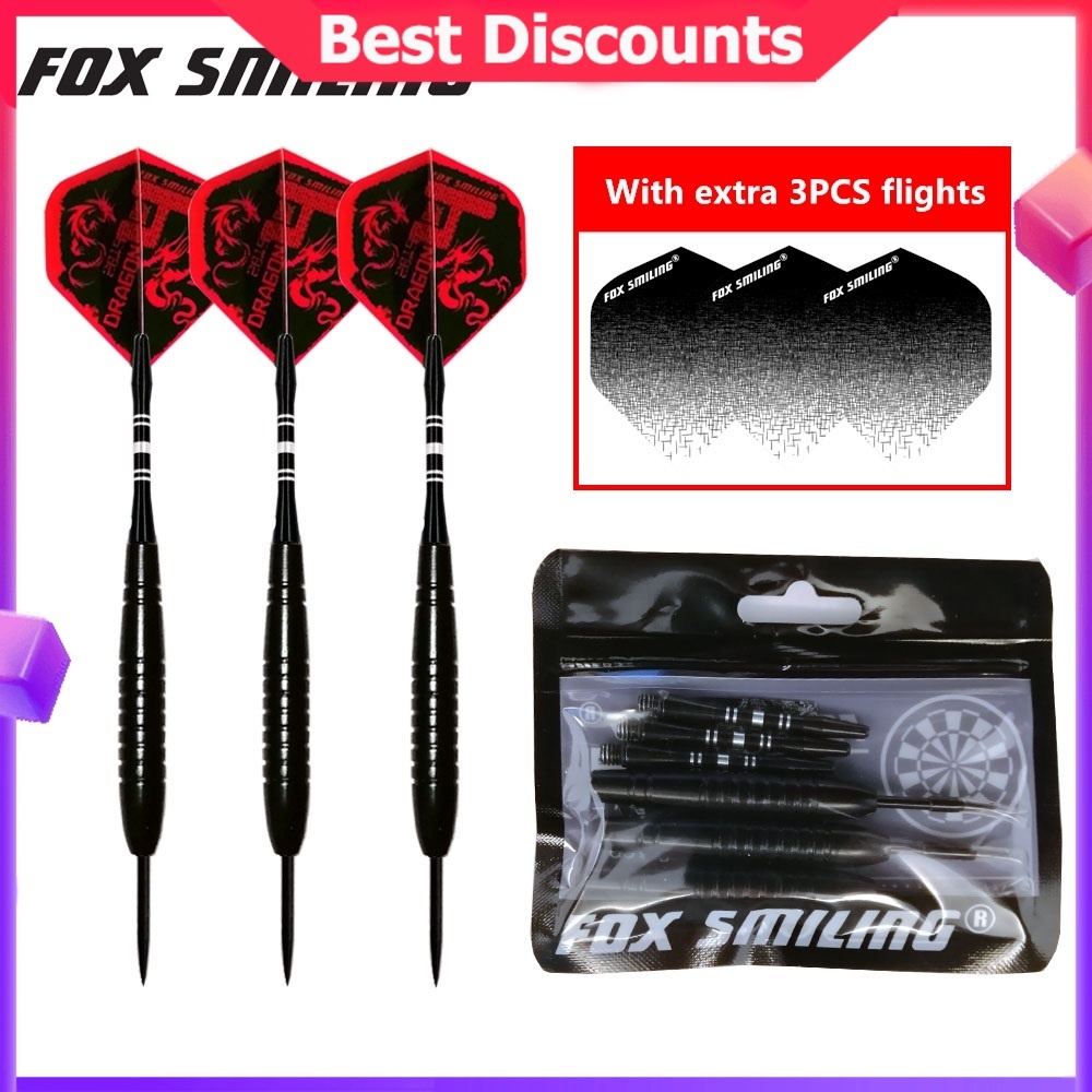 3PCS 22g Professional ปลายเหล็กลูกดอกอลูมิเนียมเพลา Fox ยิ้มดี Qualtiy Nice Flights สีดํา Barrel ลูกดอก