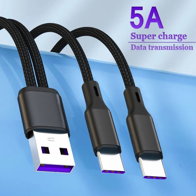 2 In 1 สายชาร์จ Type C แยก Y 5A ชาร์จเร็ว อุปกรณ์ Type C สายชาร์จ