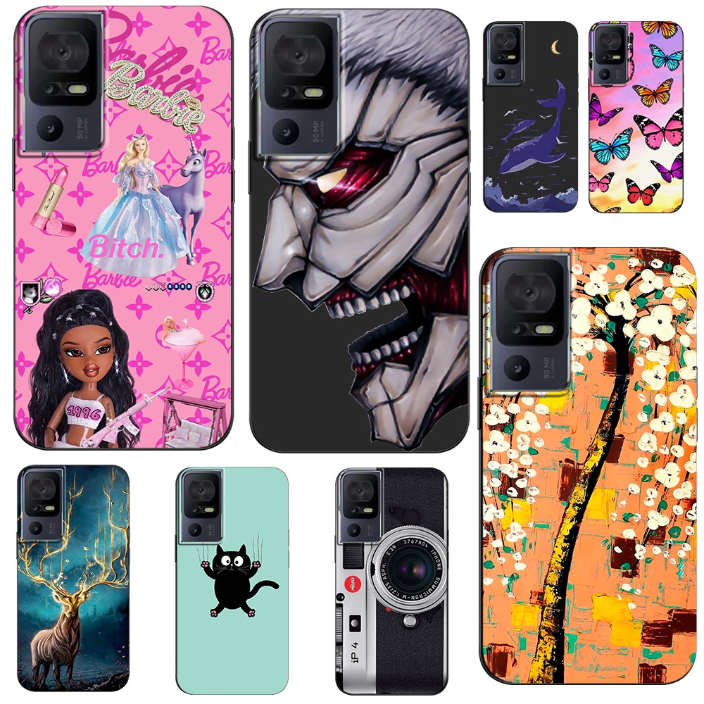 สําหรับ TCL 40SE กรณีกลับฝาครอบโทรศัพท์ป้องกันซิลิโคนนุ่มสีดํา Tpu สาวสุนัขสีชมพูการ์ตูนหมาป่า