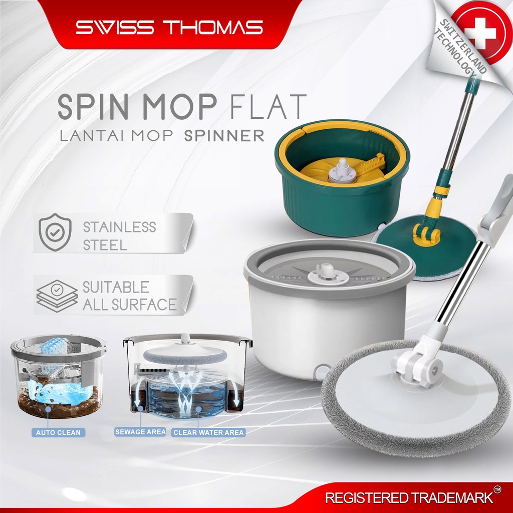 Spin Mop ไม้ถูพื้นแบนหัวกลม ไม้ถูพื้นแห้งเร็ว ไม้ถูพื้นผ้าไมโครไฟเบอร์ Spin Wash Mop Lantai Mop Spin