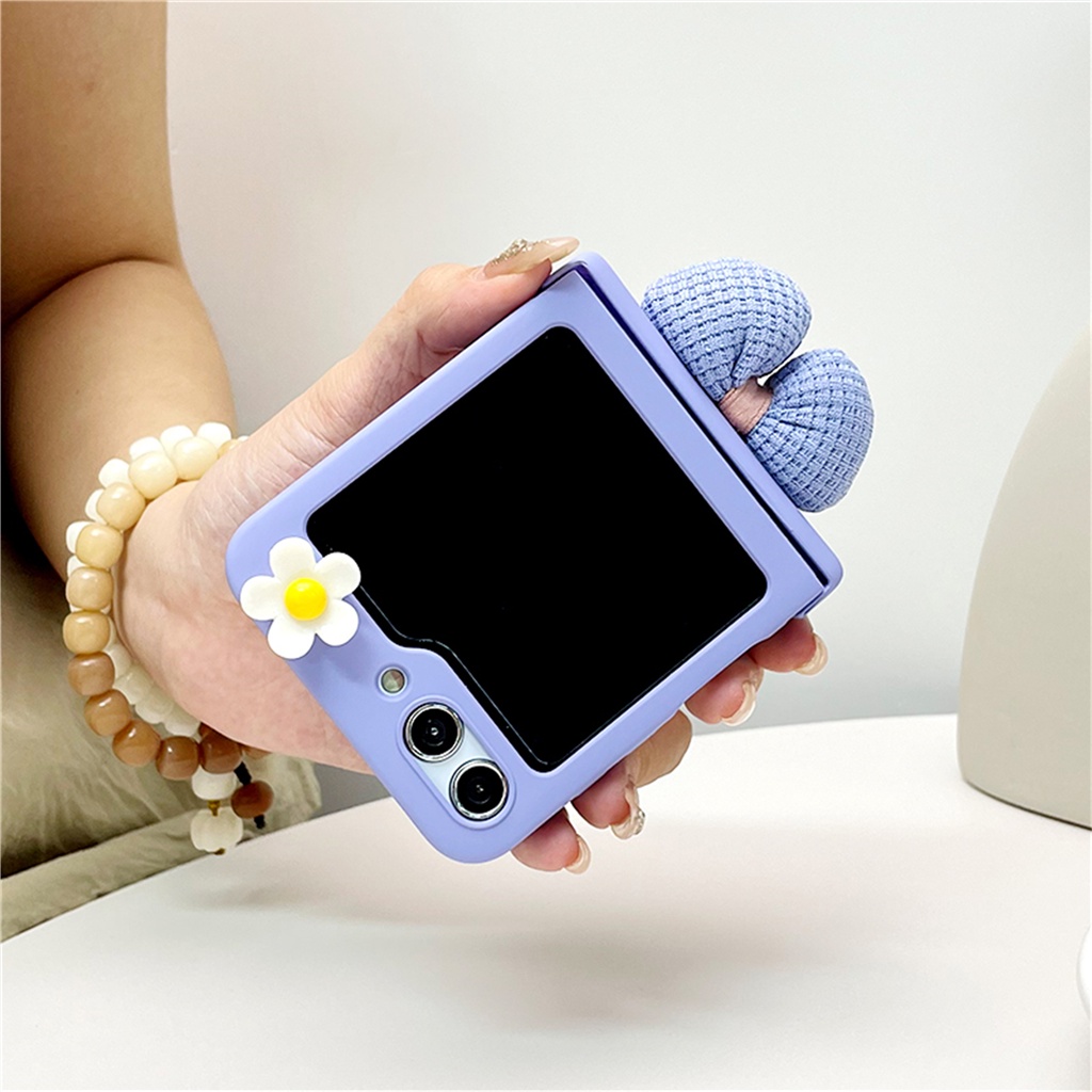น่ารักเกาหลีสีม่วง 3D Bowknot ดอกไม้ Solid Simple สําหรับ Galaxy Z Flip5 Flip 5 Z Flip5 Zflip5 Zflip6 Flip 6 Flip5 แบบพกพา