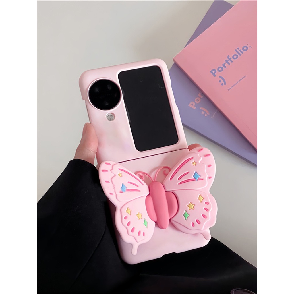 เคสโทรศัพท์มือถือ ซิลิโคน ฝาพับ ลายผีเสื้อน่ารัก 3D สีชมพู พร้อมขาตั้ง สําหรับ OPPO Find N2 Flip findn2 Flip Find N3