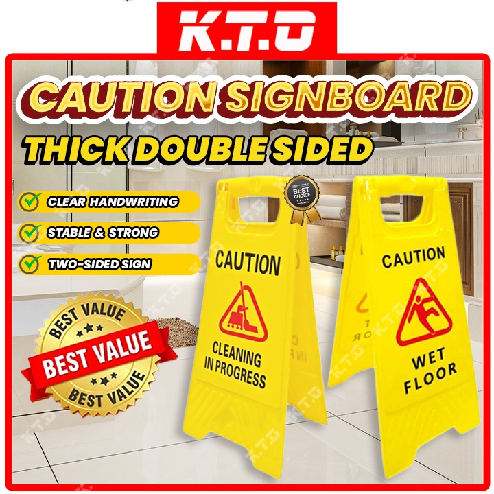 Caution Wet Floor & Cleaning In Progress Sign ขาตั้งบอร์ดป้ายพื้นพับได้สีเหลือง / Plastik Penanda La
