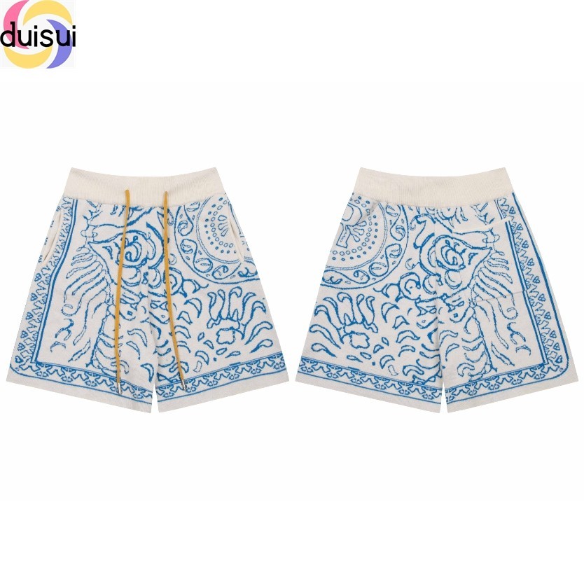 Streetwear ใหม่ Rhude 2024 SS Unisex Danube กางเกงขาสั้นถักลายสีน้ําเงิน