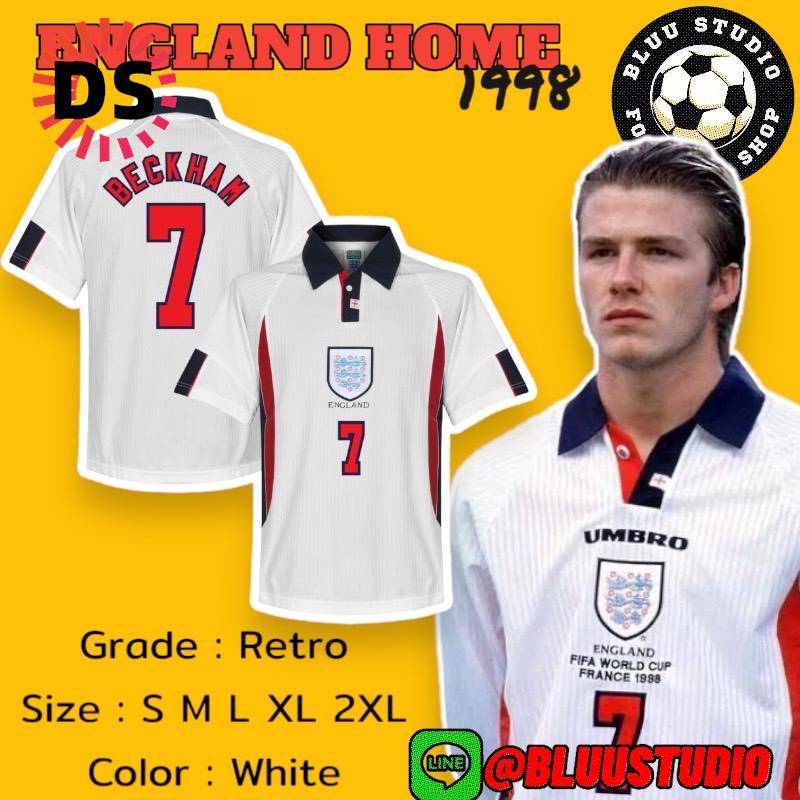 bluu พร้อมส่งจากไทย เสื้อบอลทีม อังกฤษย้อนยุค สีขาว ปี1998 (พร้อมชื่อเบอร์ BECKHAM #7) เกรดพรีเมี่ยม England Home 1998