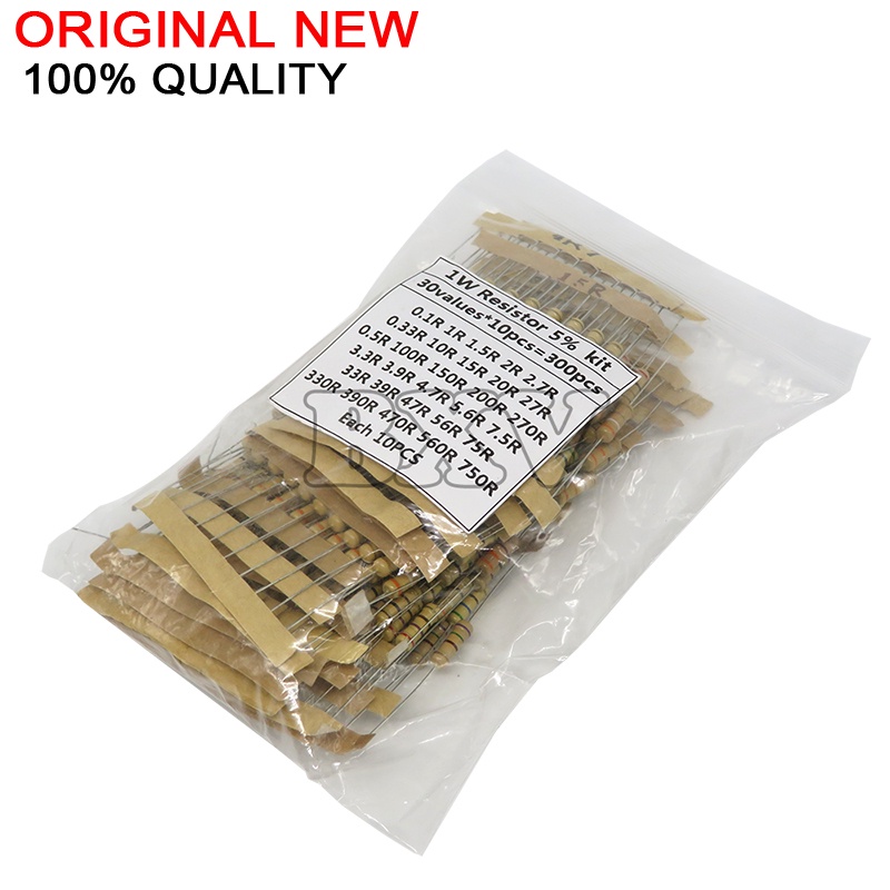 ชุดตัวต้านทานฟิล์มคาร์บอน 1W 5% 30Values X 0.1-750 โอห์ม 10 ชิ้น 300 ชิ้น