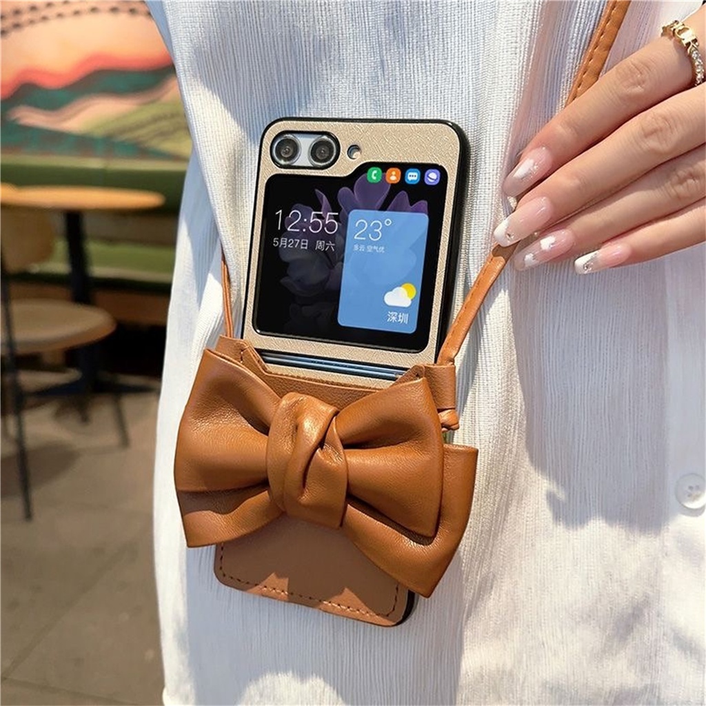 เกาหลีหรูหรา Retro Crossbody Lanyard สายหนังโบว์ผู้ถือบัตรสําหรับ Samsung Galaxy Z Flip 5 6 Flip6 Z Flip5 Zflip5 Flip 3 Flip 4 ฝาครอบ