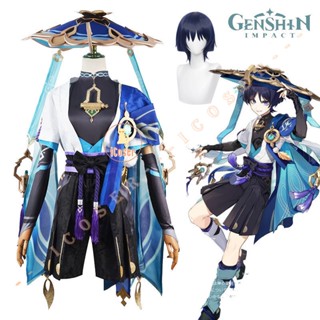 Scaramouche Wanderer Genshin Impact คอสเพลย์ วิกผม ใหม่ Kunikuzushi เสื้อคลุมสีฟ้า ชุดยูนิฟอร์ม เกม Sumeru สําหรับผู้ชาย ผู้หญิง