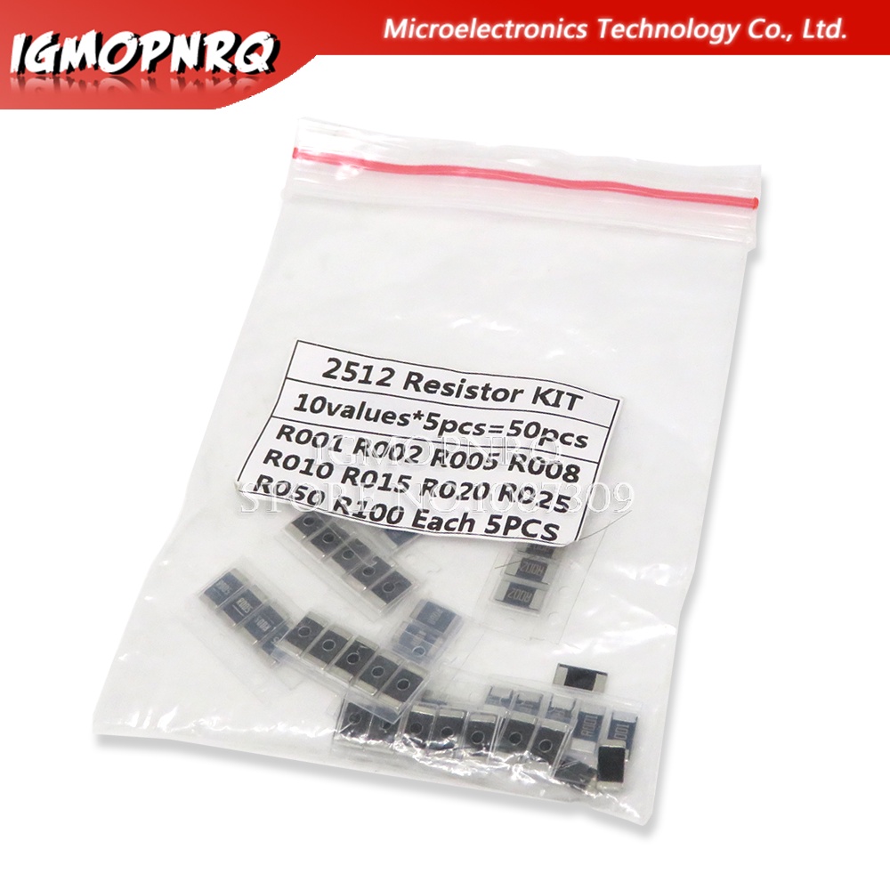 50PCS Alloy resistance 2512 SMD Resistor ตัวอย่างชุด,10 ชนิดX5pcs = 50pcs R001 R002 R005 R008 R010 R