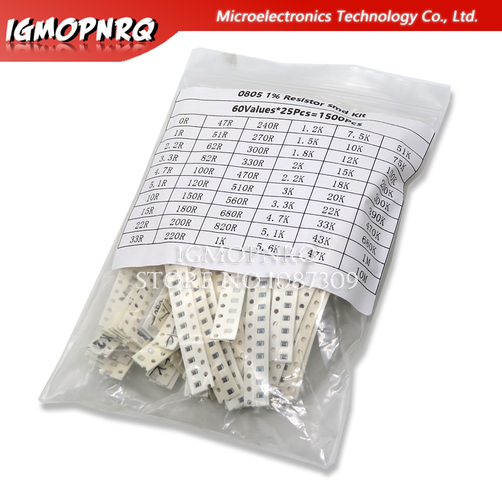 1500 ชิ้น ตัวต้านทาน SMD 0805 ชุดคละ (60 ค่า x 25 ชิ้น) 0ohm - 10M Ohm 1/8 วัตต์ 1% ชุดต้านทานชิปฟิล