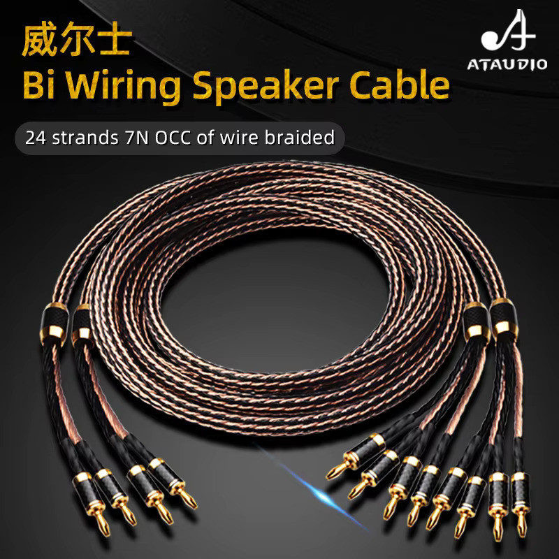 ATAUDIO Hifi Bi สายไฟลําโพง Hi-end OCC สายลําโพงพร้อมปลั๊กกล้วยคาร์บอนไฟเบอร์