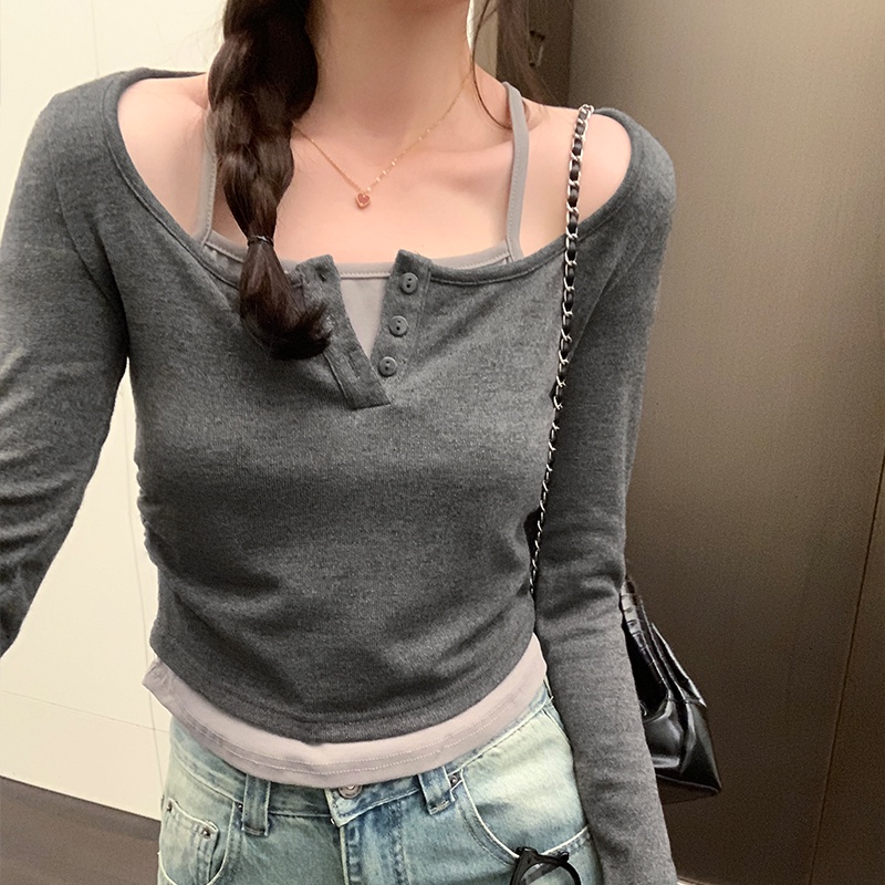 69241 เสื้อยืดแขนยาว เข้ารูป สองชิ้น สไตล์ใหม่