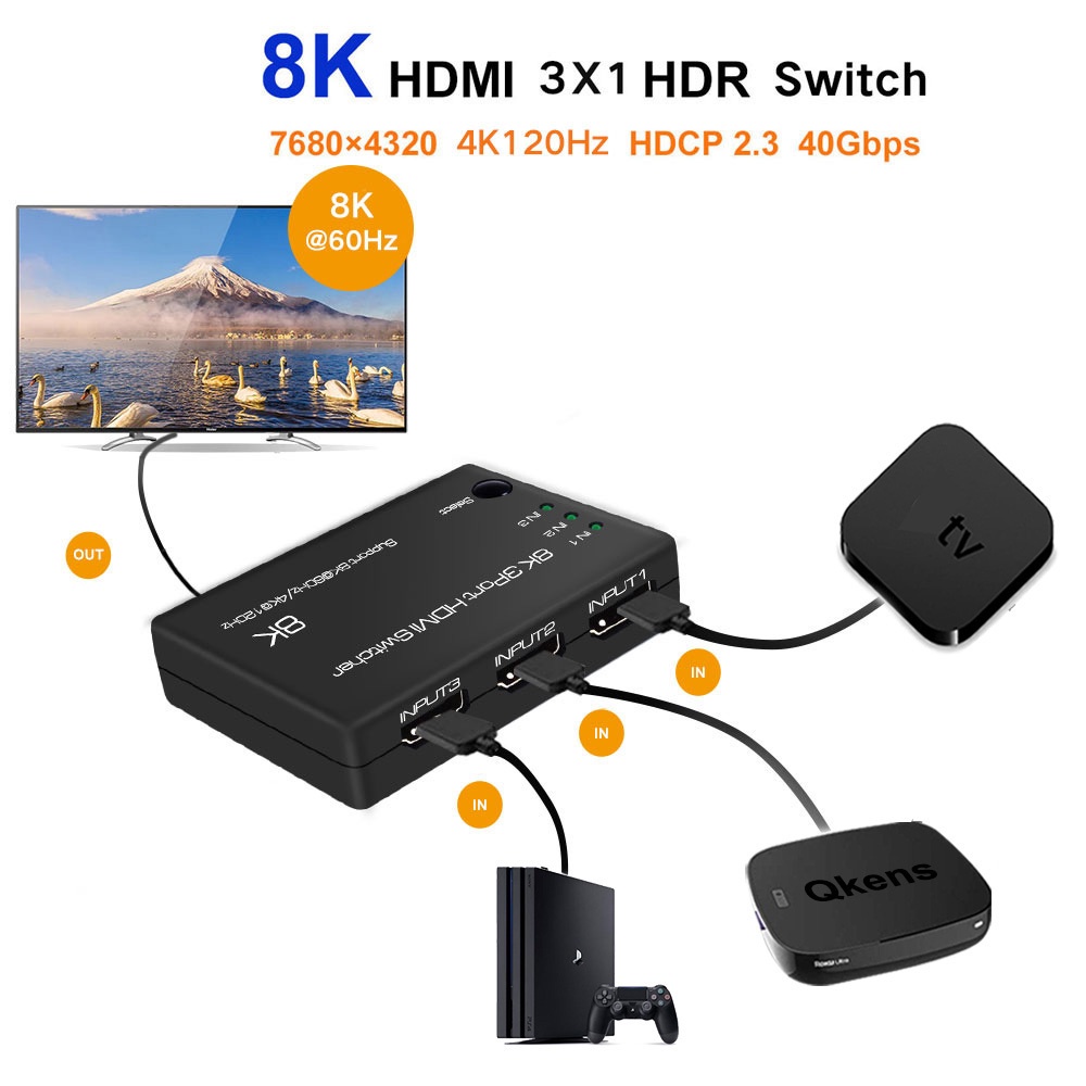 8k 3x1 HDMI Switcher HDR HDMI2.1 Audio Video Adapter Converter 4k 120hz 3 In 1 Out สําหรับ PS5 PS4 DVD แล ็ ปท ็ อป PC TV กล ่ อง Monitor