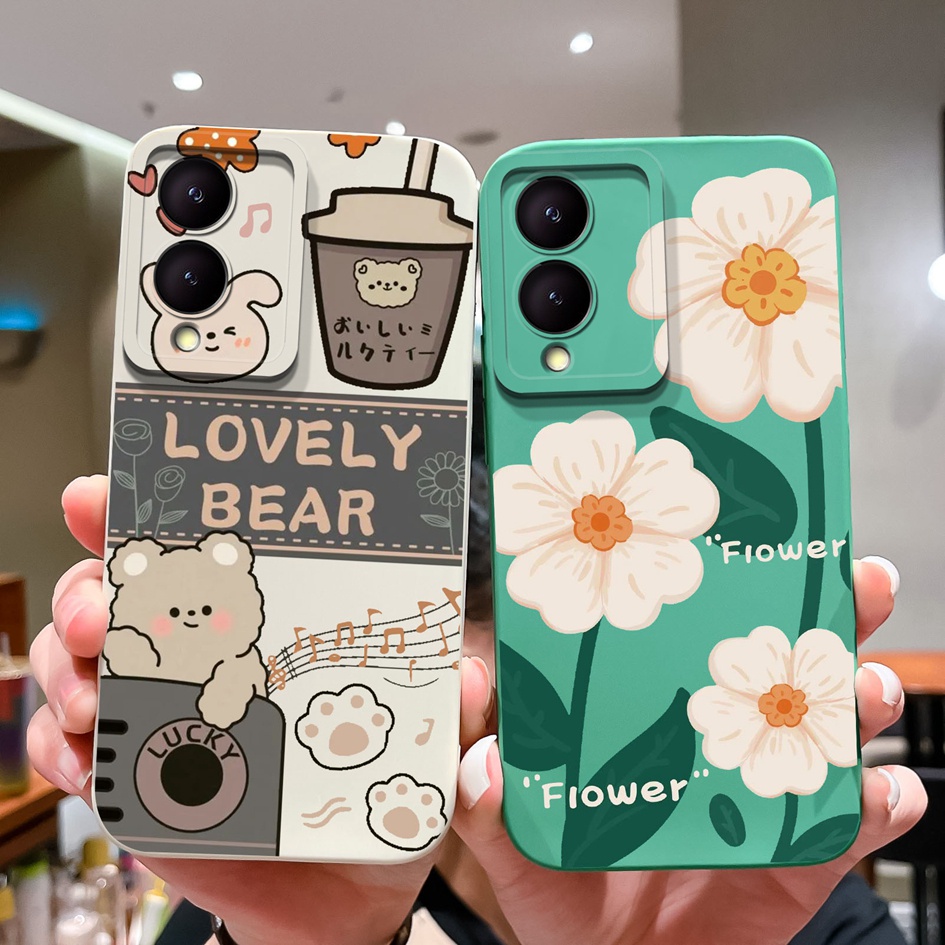 กรณีโทรศัพท ์ สําหรับVivo Y17 Y17S 4Gปลอกสแควร ์ ซิลิโคนเหลวป ้ องกันสวยน ่ ารักดอกไม ้ ฝาครอบโทรศัพท ์ สําหรับVivoY17 Y 17SปลอกกันชนCapa