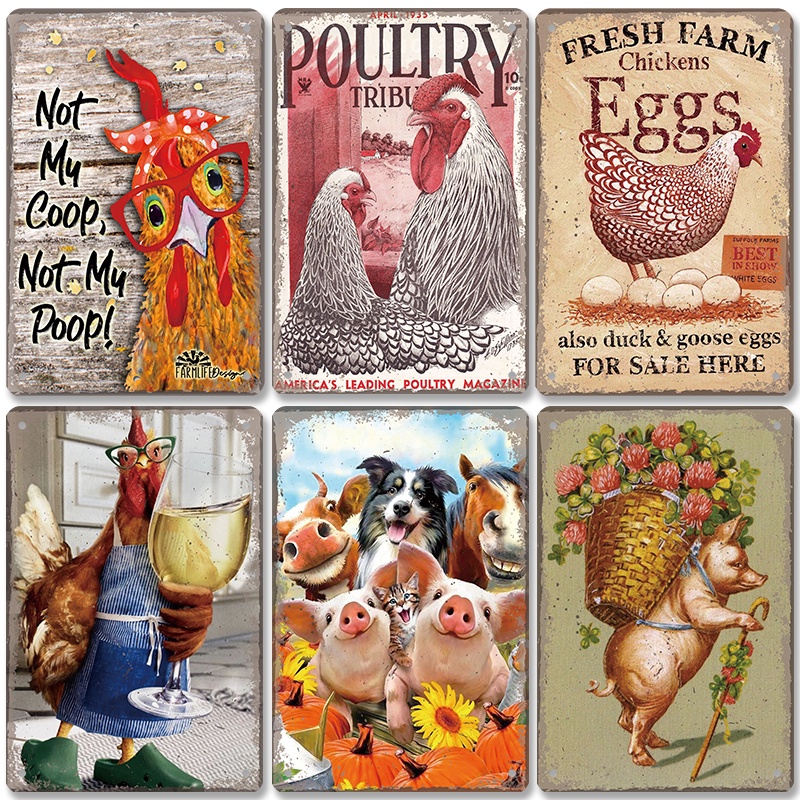 Retro Farm Plaque โลหะป้ายดีบุกหมูตลกนมวัวไก่โลหะโปสเตอร์แผ่น Wall Decor สําหรับ Garden Farm House Coops