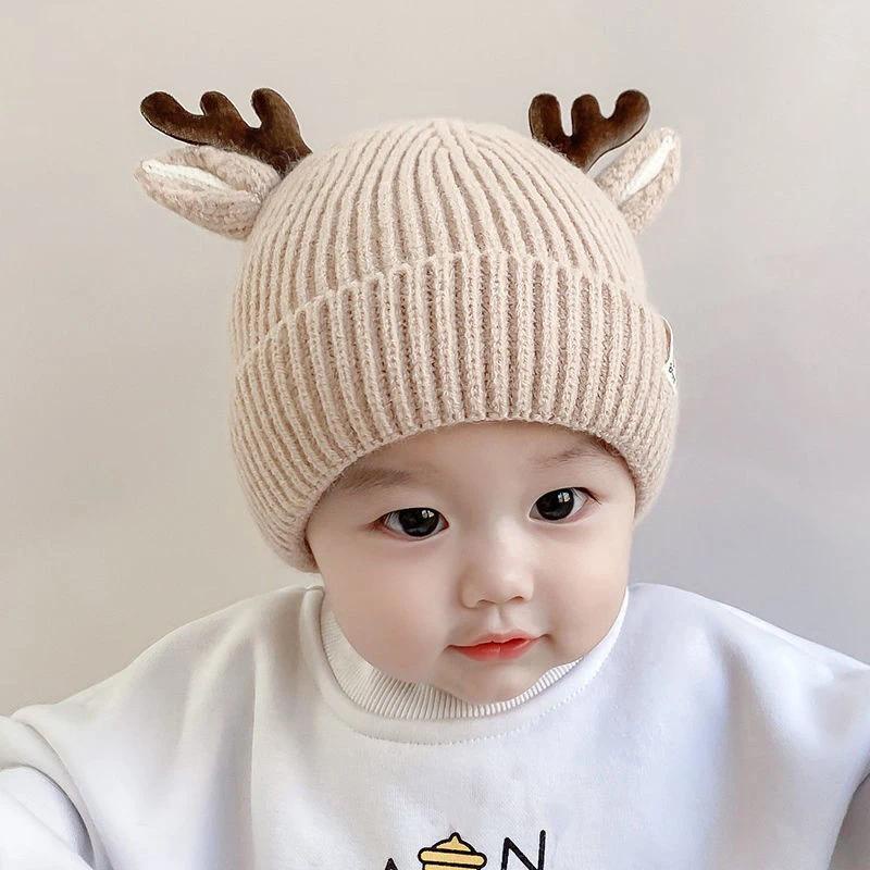 หมวกบีนนี่ ผ้าถัก ลายการ์ตูนกวางน่ารัก ให้ความอบอุ่น สีพื้น เหมาะกับฤดูหนาว สําหรับเด็กวัยหัดเดิน อายุ 3-36 เดือน
