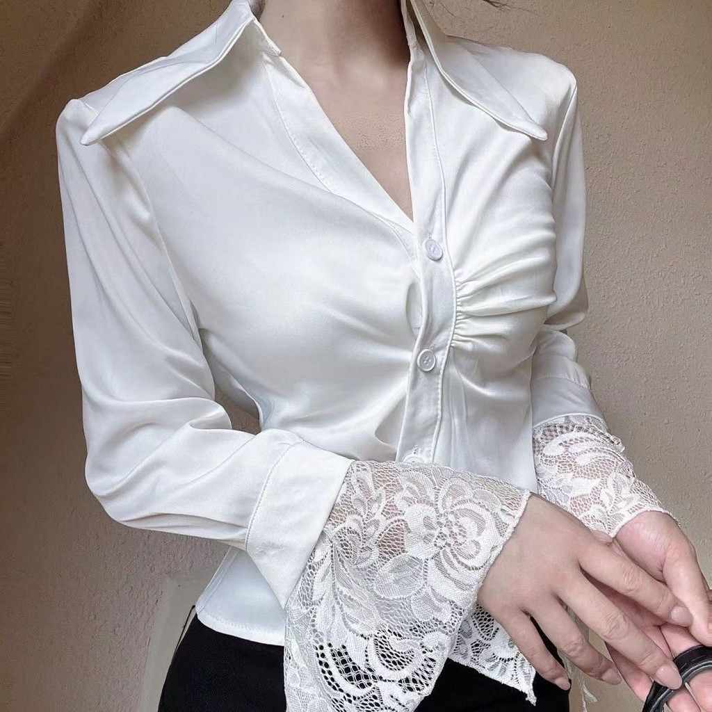 T Classy Lace Stitching Lapel เสื้อแขนยาวผู้หญิงสไตล์ใหม่เอวแคบ