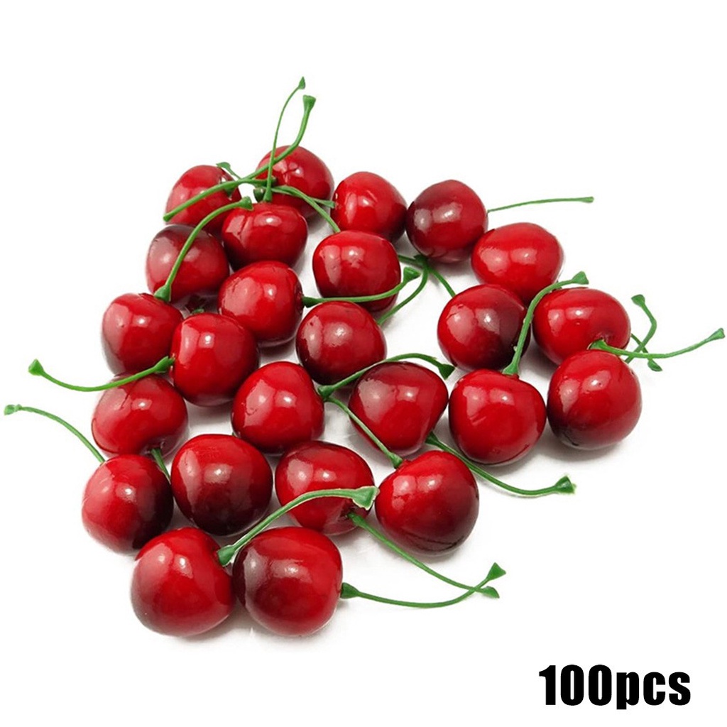 100 ชิ้นผลไม้เชอร์รี่พลาสติกประดิษฐ์ปลอมสำหรับห้องครัว Home Foods Decor