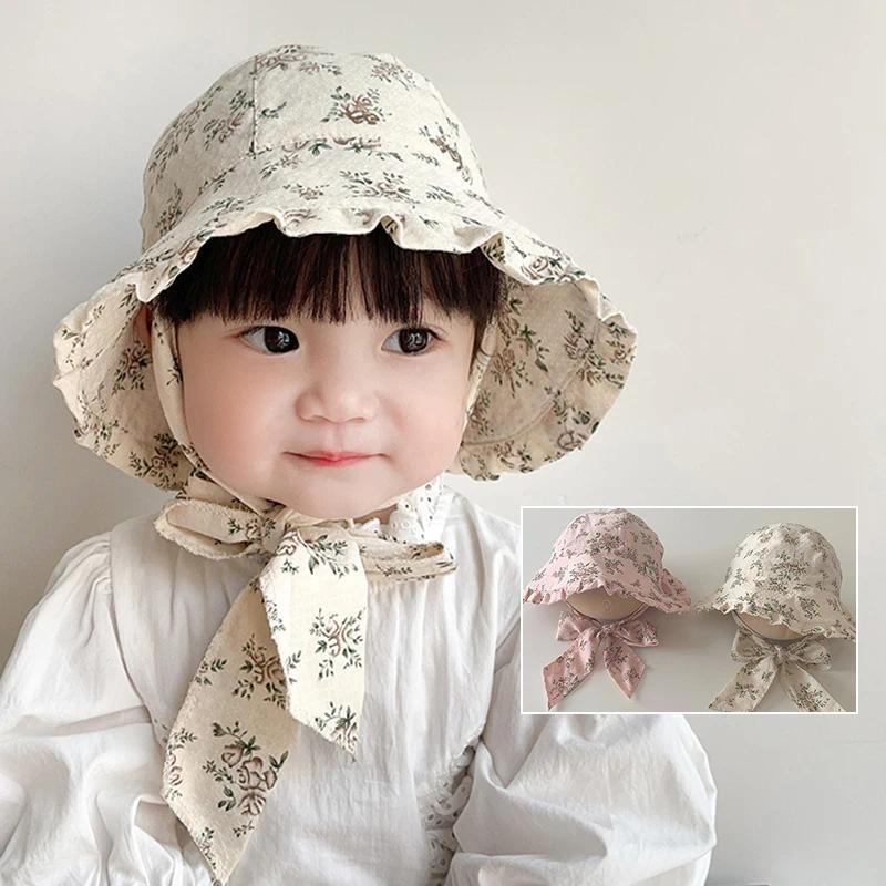 หมวกผ้าฝ้าย พิมพ์ลายดอกไม้ สีพื้น สไตล์เกาหลี แฟชั่นฤดูใบไม้ผลิ ฤดูใบไม้ร่วง สําหรับเด็กผู้หญิง อายุ 1-3 ปี