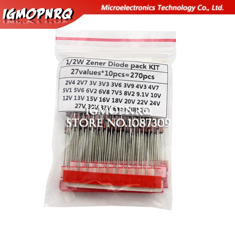 270pcs 0.5W Zener Diode kit ชุด 1/2W 2V4-33V Zener Diode pack 12V 18V 5V1 5V6 3V3 3V6 4V3 4V7 6V2 6V