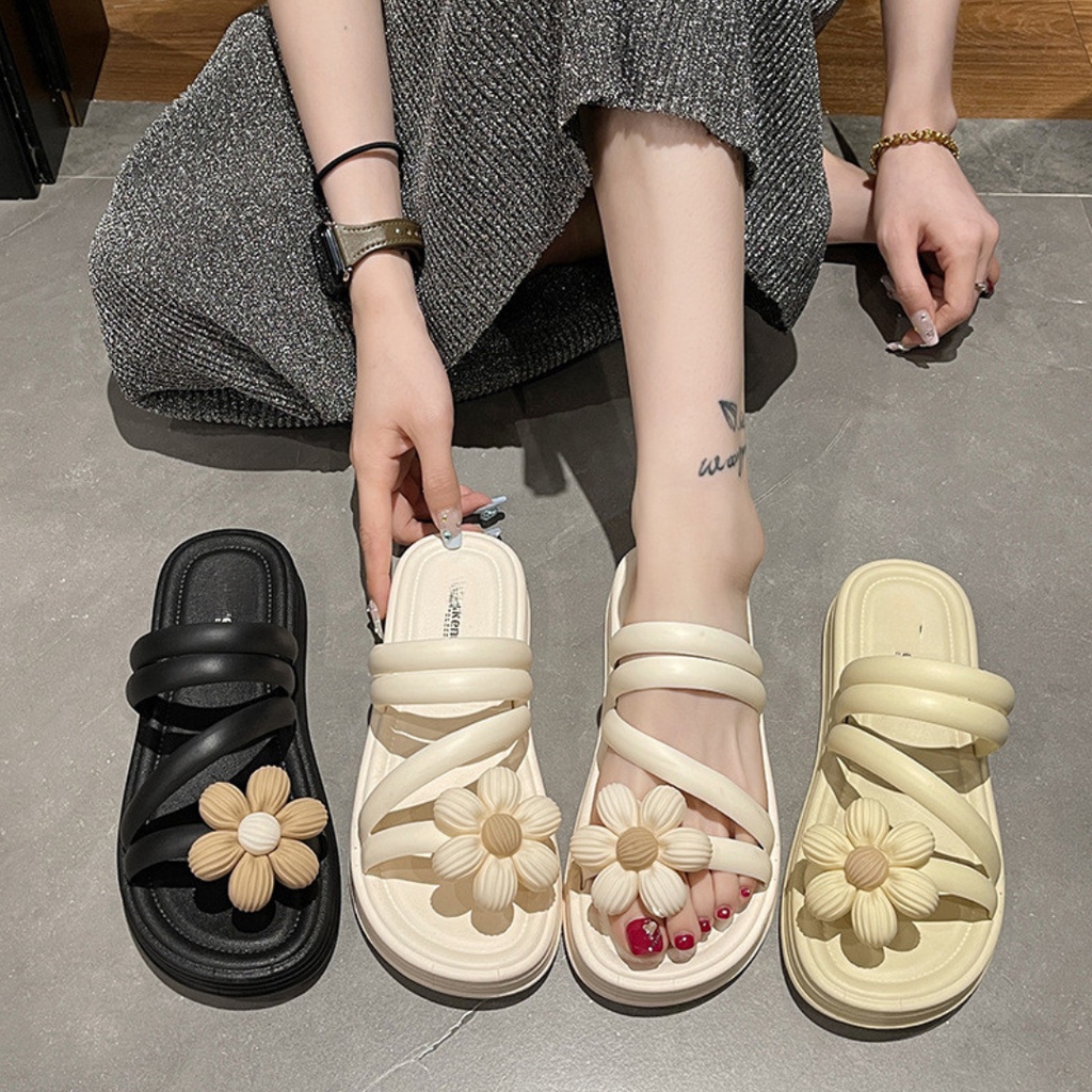 JS Fashion Lady รองเท้าแตะลําลองรองเท้าแตะดอกไม้ Kasut Perempuan bunga Selipar 女神ข่าวใหม่รองเท้ากลุ่