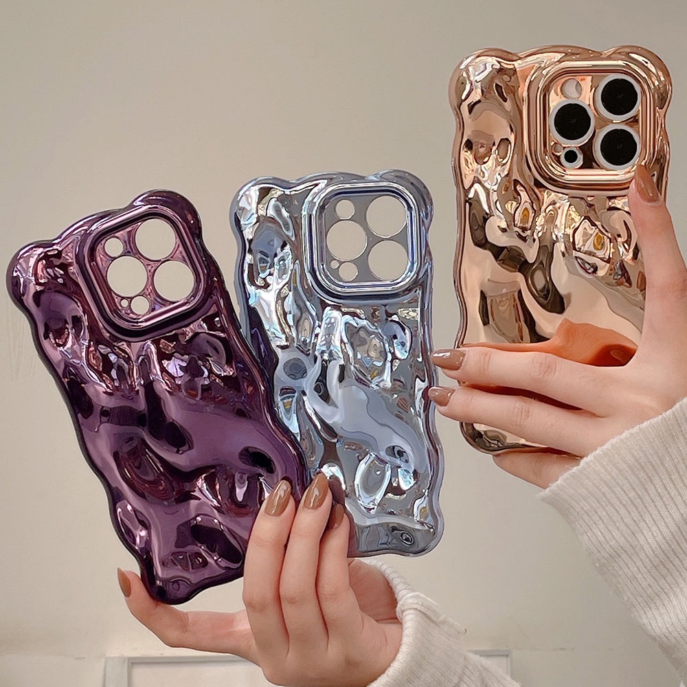 หรูหราglossy Platedสีม่วงเคสโทรศัพท์สําหรับiPhone 16 Plus 14 Pro 13 12 15 Pro Max 11 13Pro Max Wave Borderถุงลมนิรภัยซิลิโคนกันกระแทกนุ่ม