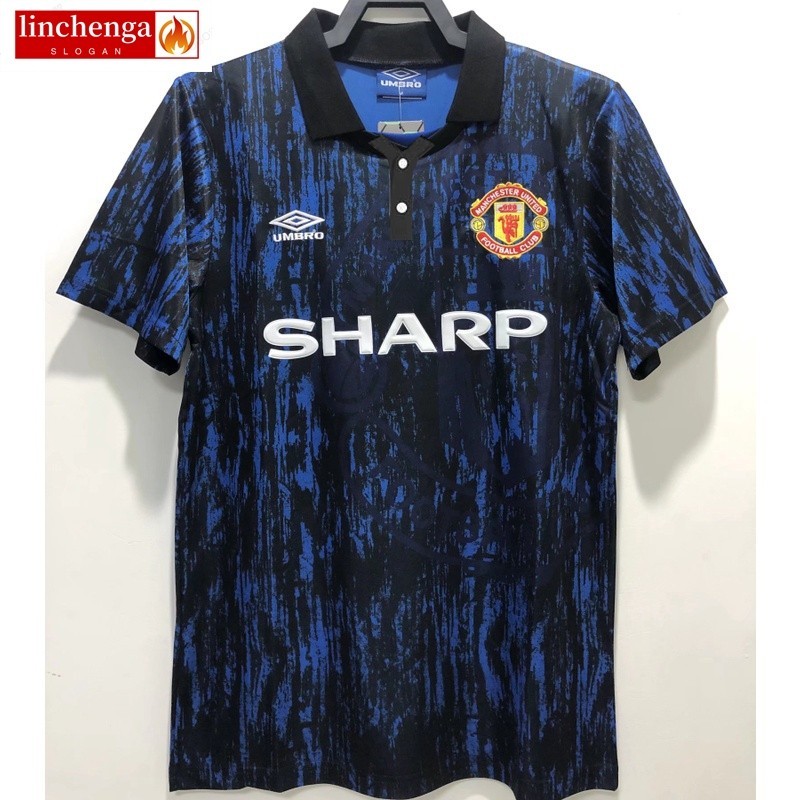 เสื้อกีฬาแขนสั้น ลายทีมชาติฟุตบอล Manchester United 1993 ชุดเยือน คุณภาพสูง สีดํา สีฟ้า