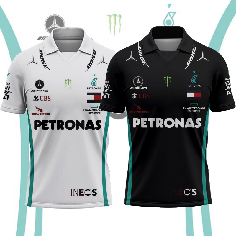 เสื้อยืดคอกลมแฟชั่น 3D เต็มรูปแบบขนาด XS-3XL Petronas Mercedes F1 AMG สีขาว Editon POLO เสื้อยืด