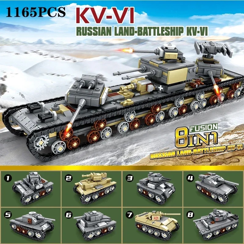 1165 KV-VI Heavy Tank Vehicle Building Blocks for World War II Army Weapons 8-in-1 Assembly Model Bo