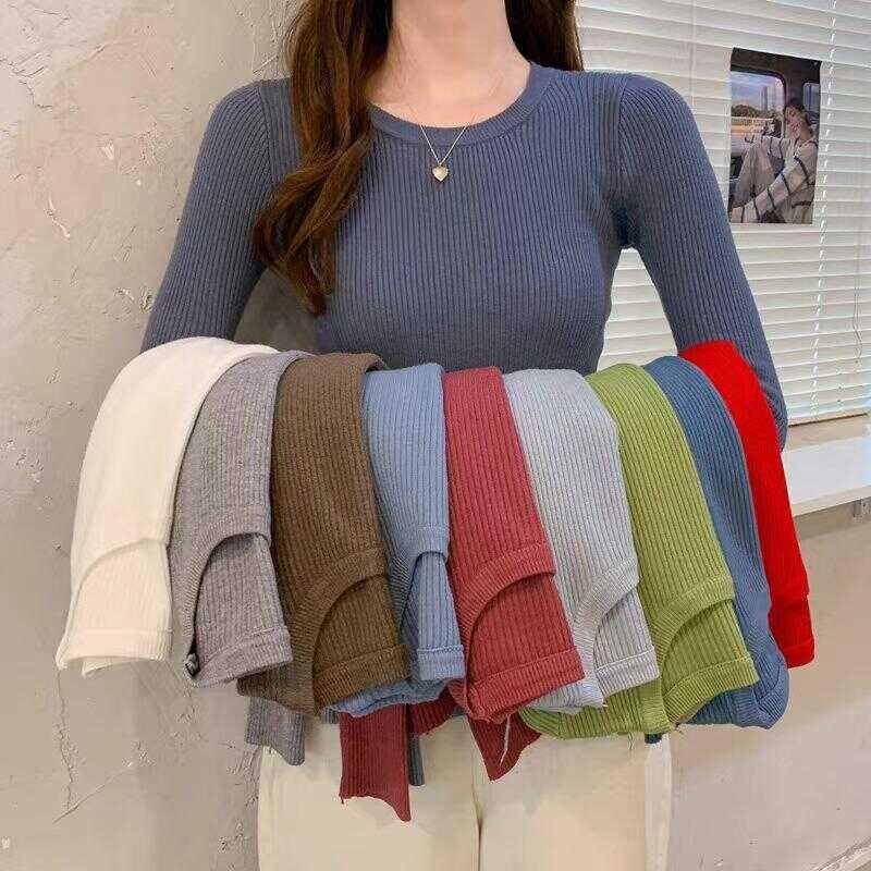 SHMASHOP เสื้อแขนยาวผู้หญิง เสื้อผ้าแฟชั่นผู้หญิง เสื้อคอกลมสีพื้