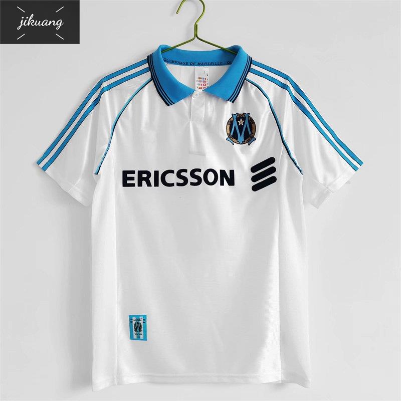 Retro Collar White Jersey Vintage 1998 1999 Olympicique De Marseille เสื้อฟุตบอล Baju Lelaki Berkola