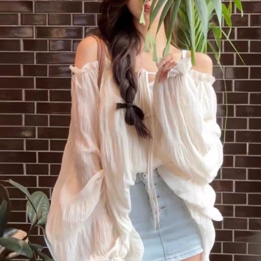 Summer Mambo Sleeve Temperament Sweet French Pleated Pleated One Shoulder Lantern Sleeve Off Shirt