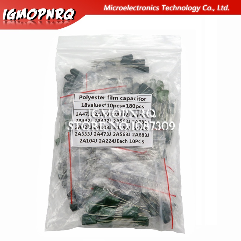 โพลีเอสเตอร์ฟิล์มตัวเก็บประจุชุดสารพันบรรจุ 2A104J 2A332J 2A472J 2A103J 2A333J 2A473J 2A563J 2A223J 