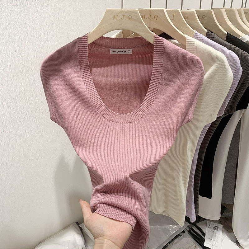 70189 เสื้อสเวตเตอร์แขนสั้นคอยูไหมพรมใส่สบาย หลากสี