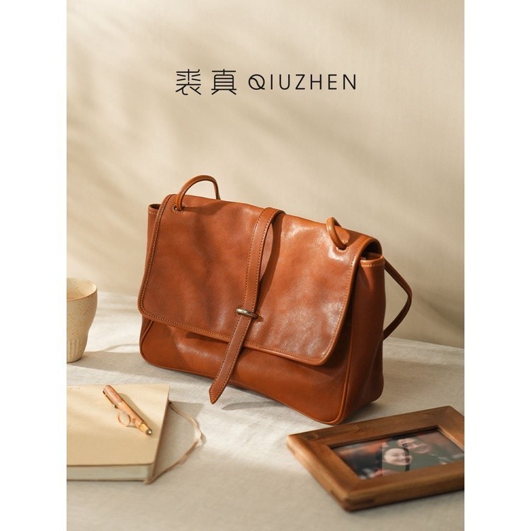 Qiuzhen ผัก Tanned First Layer Cowhide กระเป ๋ า Commuter ไหล ่ Niche Retro Tote กระเป ๋ าขนาดใหญ ่