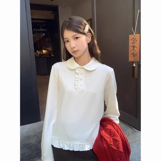 สีขาวออกแบบแขนยาวเสื้อยืดผู้หญิงเย็บขอบเชื้อราด้านใน จุดต่ําสุด เสื้อ