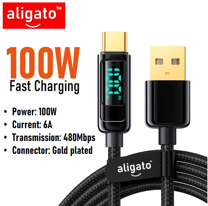 DIGITAL DISPLAYALIGATO 100W โปร่งใส Type C ถึง Type C สาย PD 3.0 QC 4.0 Fast Charger USB C ถึง USB C