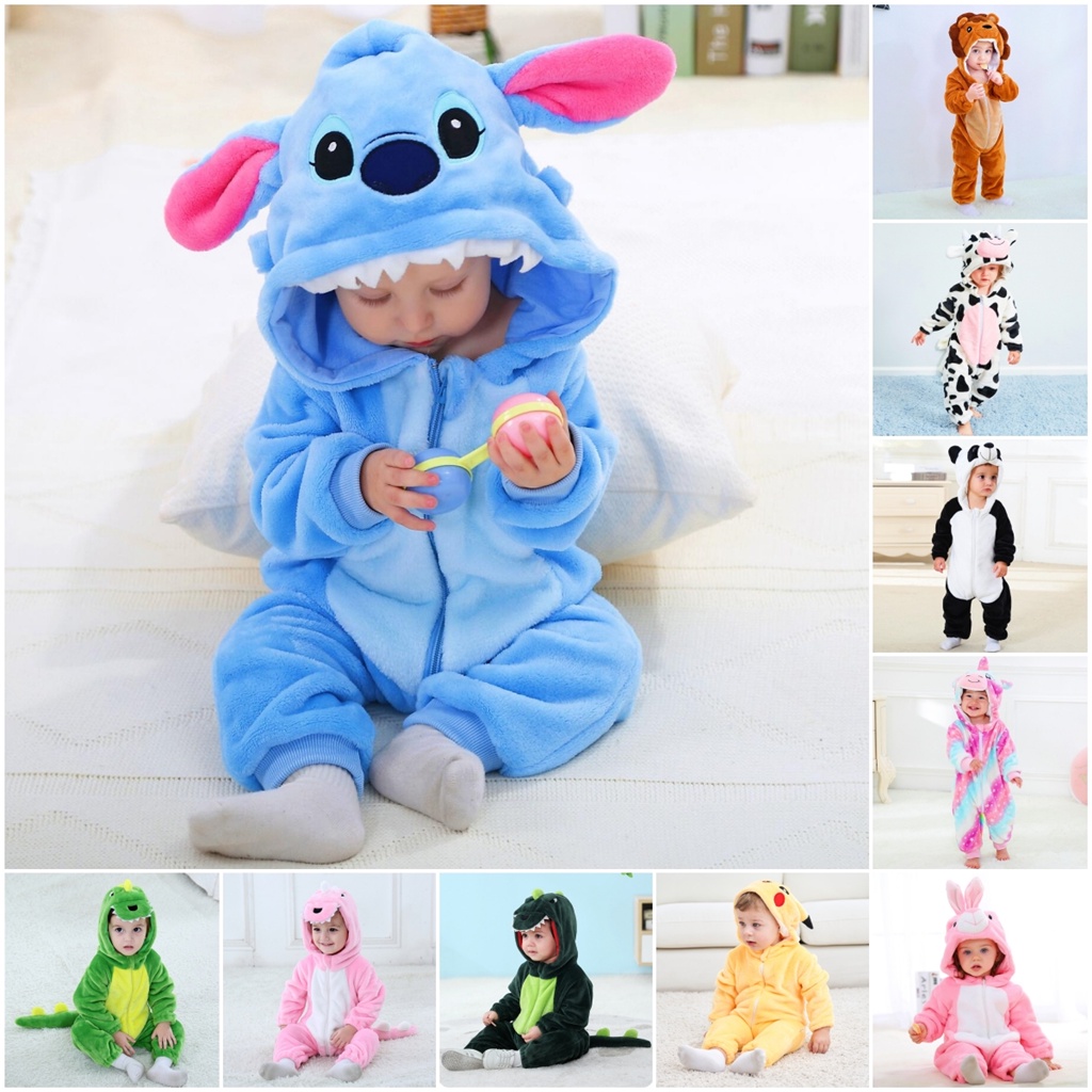 เด็ก Kigurumi Stitch Lion Cow Panda ไดโนเสาร์การ์ตูน Romper เด็กทารกสัตว์ Jumpsuit หญิงเด็กคอสเพลย์ชุดนอนเครื่องแต่งกาย